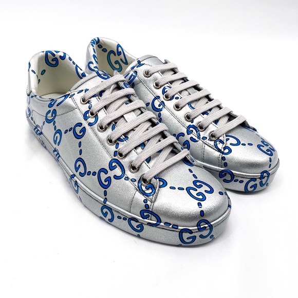 GUCCI Ace GG Coated Leather Sneakers Silver Mens - Picture 5 of 14